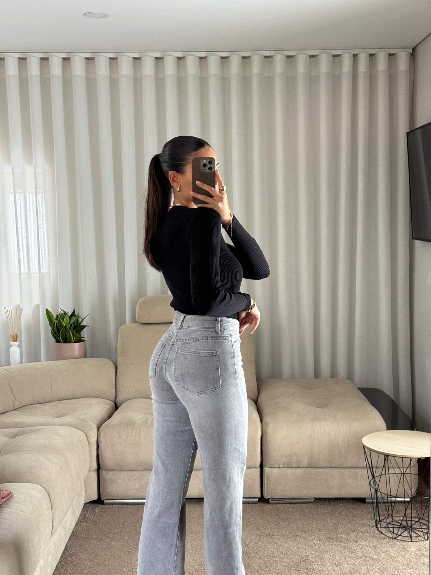 JEANS WIDE LEG CINZA